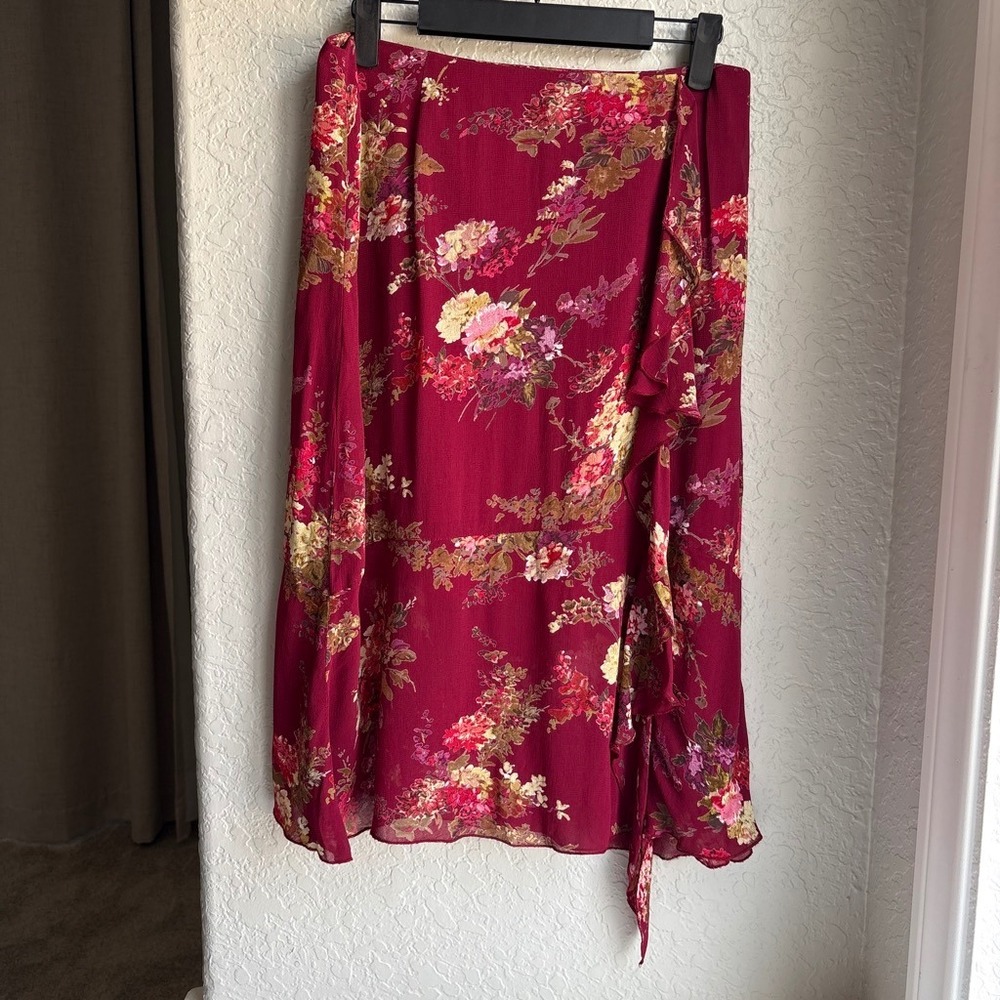 Vintage Women 8 Floral Burgundy Midi Skirt Ruffle Faux Wrap Rayon Red Feminine